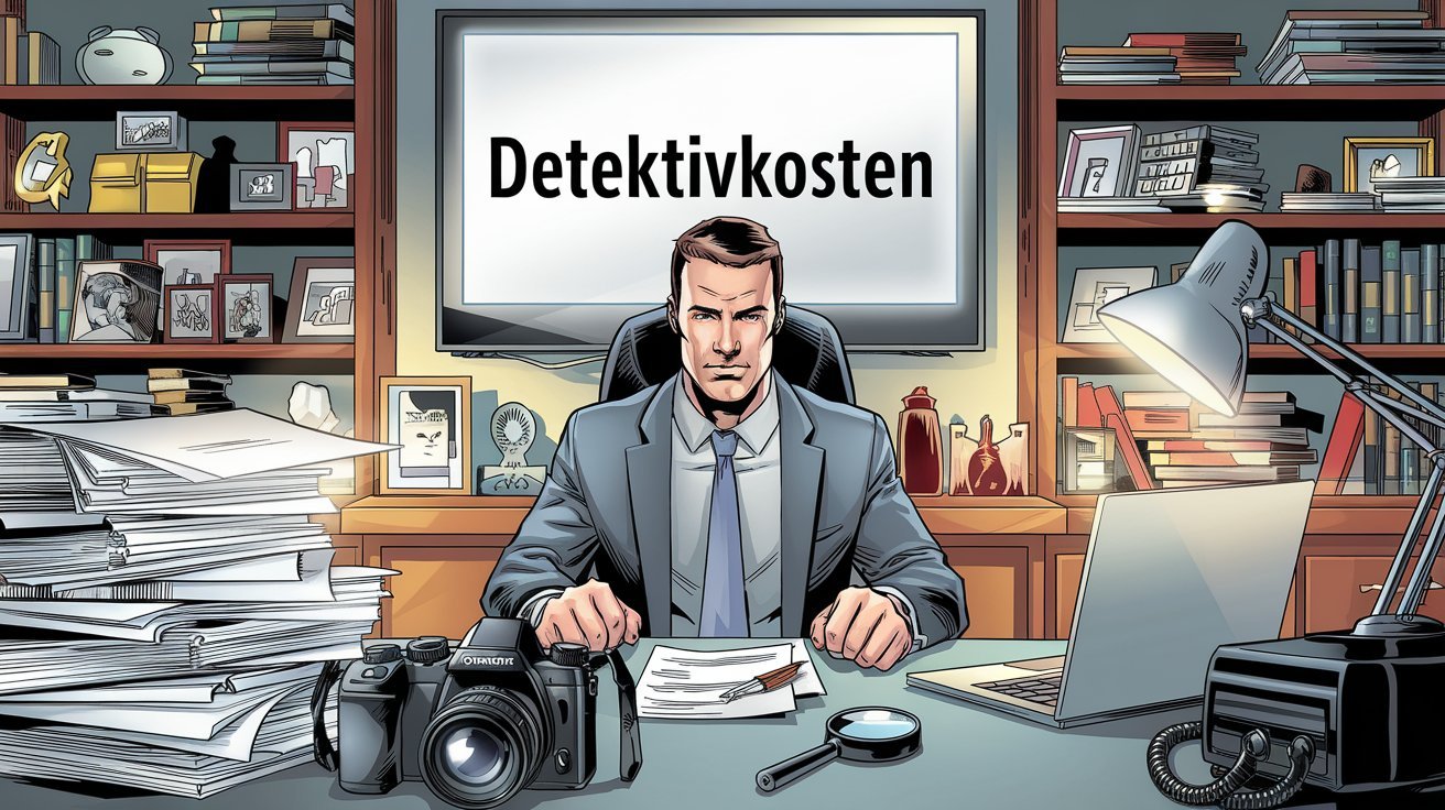 Detektiv in Detektivbüro vor Tafel mit Aufschrift "Detektivkosten"; Privatdetektiv-Honorare Bielefeld, Detektei-Kosten Bielefeld, Detektiv-Preise Bielefeld