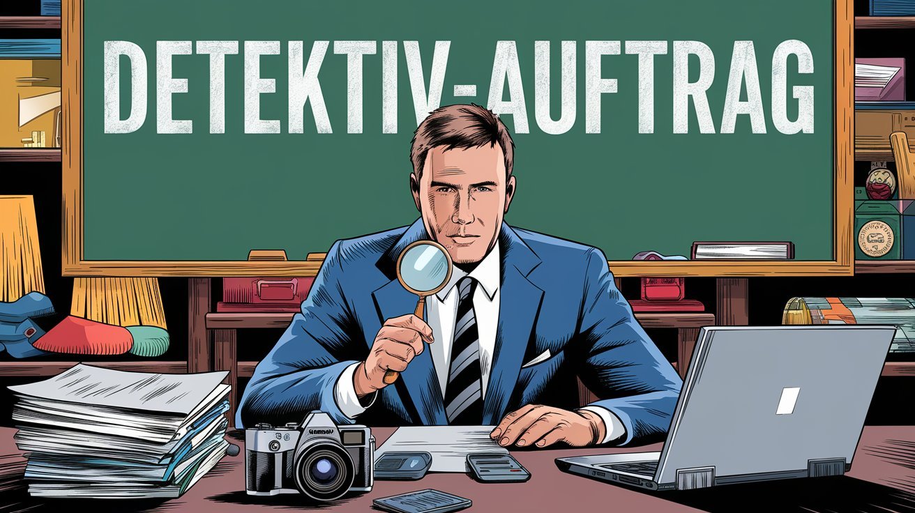 Privatdetektiv vor Tafel mit Aufschrift "Detektiv-Auftrag"; Bielefeld Detektei, Bielefeld Detektivagentur, Bielefeld Privatermittler, Bielefeld Detektivteam